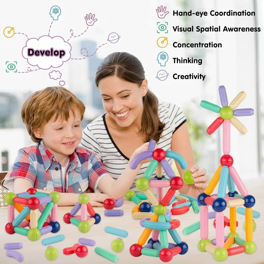 3D Educational Magnetic Sticks & Balls Set for Kids 🧠 42 Pieces Box