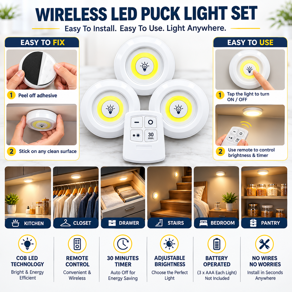 3pcs Wireless Light with Remote Control🔆